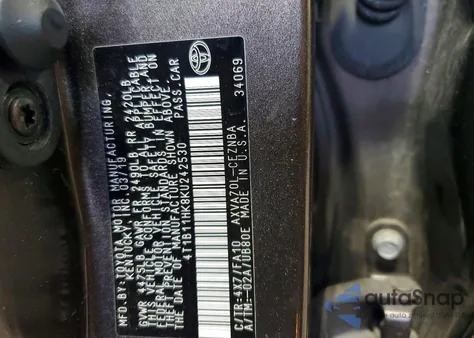 2019 Toyota Camry L z USA, uszkodzony, nr VIN 4T1B11HK8KU242530